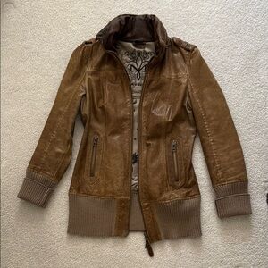 Mackage Brown Leather Jacket with Distressed Finish and Knit Trim